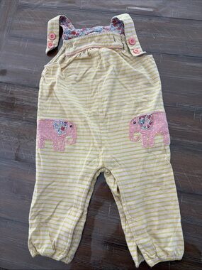 Baby Boden Yellow & Pink Striped Elephant Appliqué Overalls